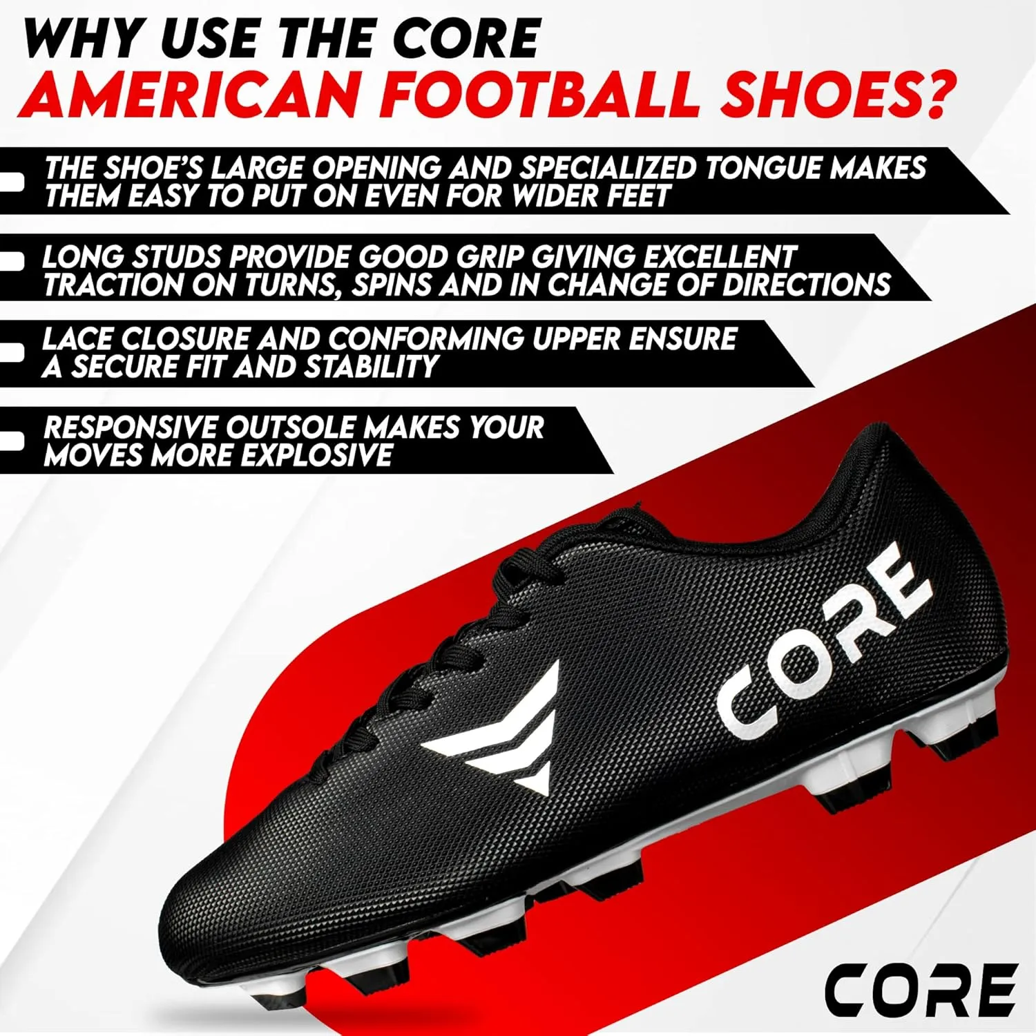 CORE American Football Cleats - Long Stud Football Shoes for Sports and Training - Soft Breathable Lightweight Football Shoes for Men & Women - Durable Anti-Slip Outsole Football Boots