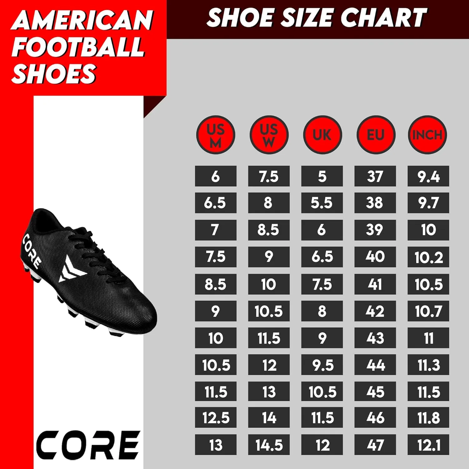 CORE American Football Cleats - Long Stud Football Shoes for Sports and Training - Soft Breathable Lightweight Football Shoes for Men & Women - Durable Anti-Slip Outsole Football Boots