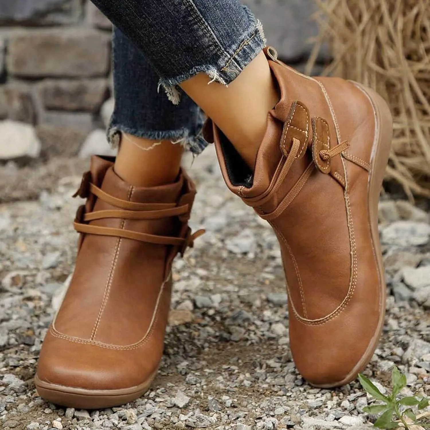 Cowboy Boots for Women Retro Classic Country Low Heel Ankle Boots Ladies Shoes Western Slip On Flat Short Boots