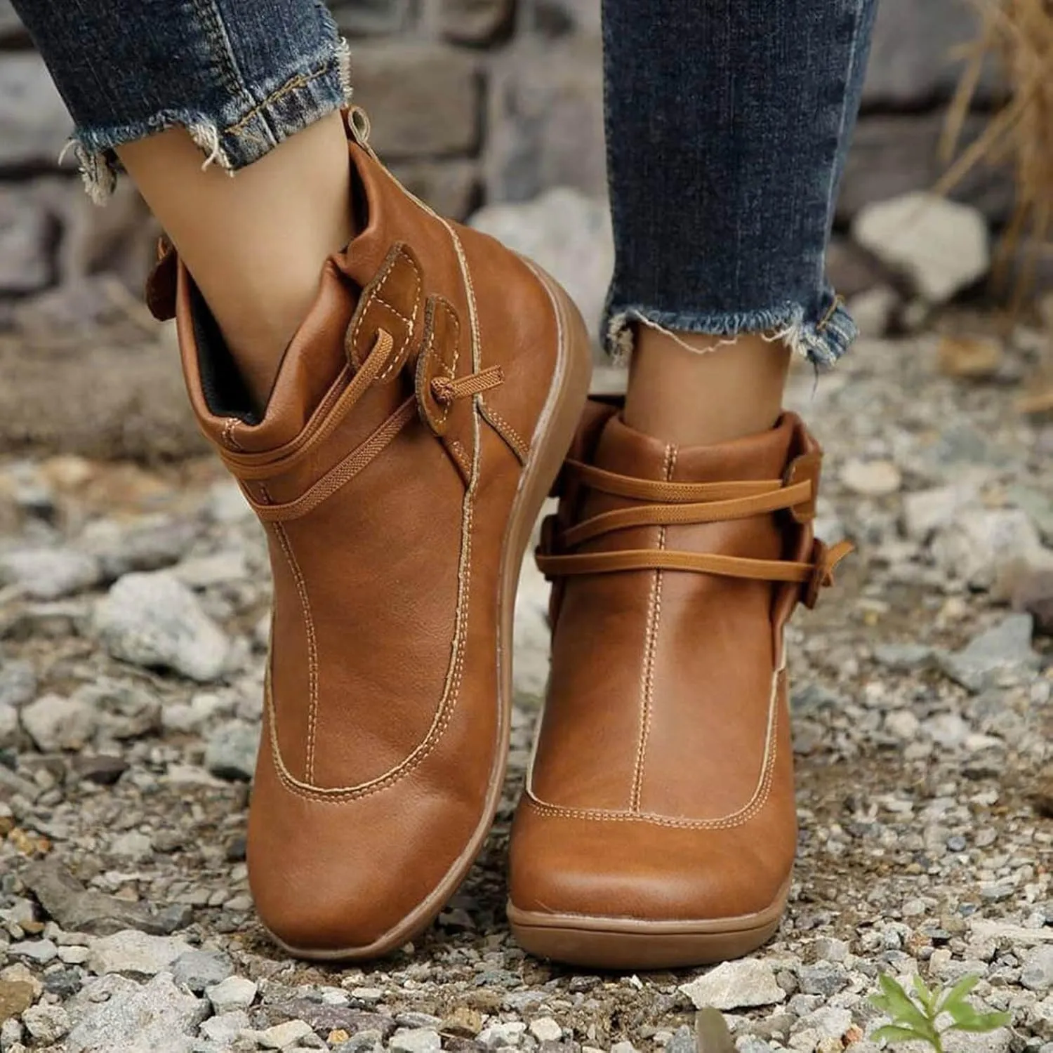 Cowboy Boots for Women Retro Classic Country Low Heel Ankle Boots Ladies Shoes Western Slip On Flat Short Boots