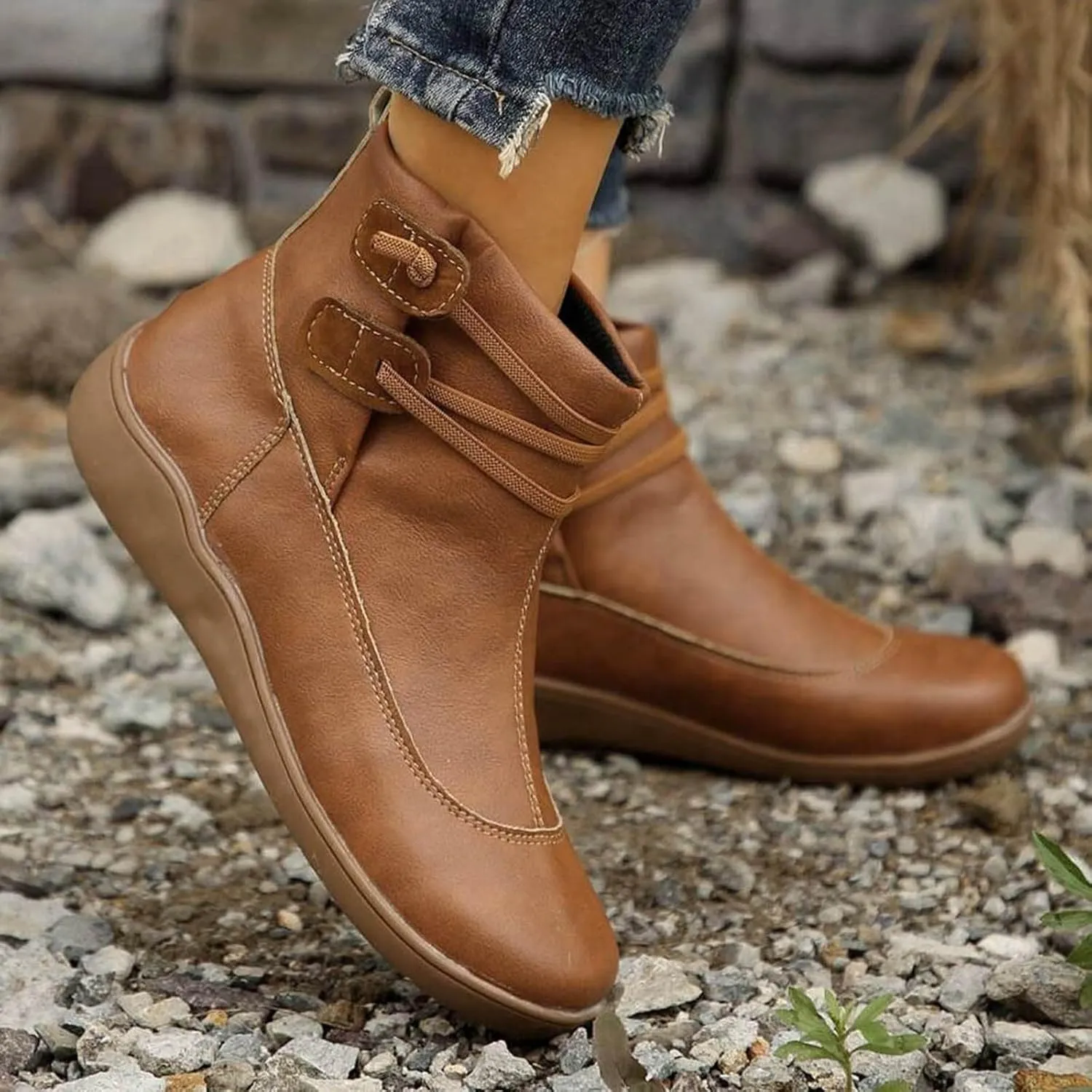 Cowboy Boots for Women Retro Classic Country Low Heel Ankle Boots Ladies Shoes Western Slip On Flat Short Boots