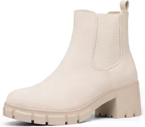 IDIFU IN2 Chelsea Boots Women Ankle Boots for Women Platform Low Chunky Block Heel Lug Sole Round Toe Fall Dress Boots for Women Comfortable Fashion Booties Cute Office Elastic Short Heeled Boots