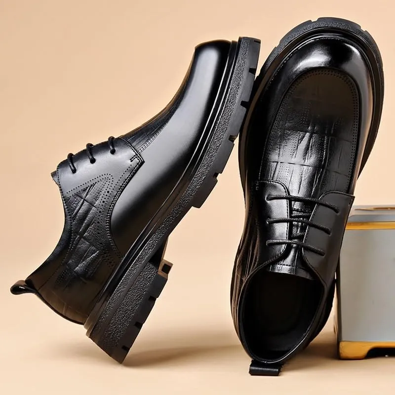 Men's Classic Lace-up Formal Oxfords Casual Business Round Toe Non-Slip Platform Comfortable Block HEE