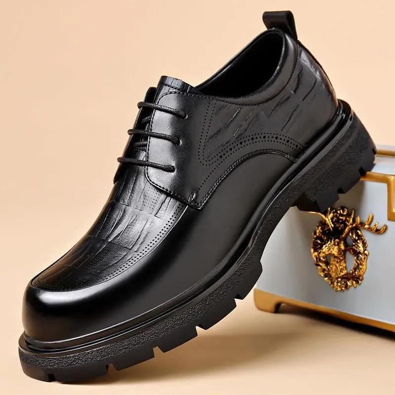 Men's Classic Lace-up Formal Oxfords Casual Business Round Toe Non-Slip Platform Comfortable Block HEE