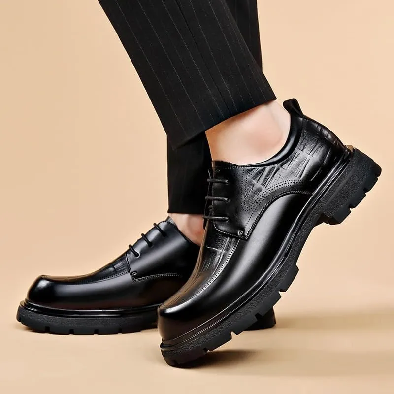 Men's Classic Lace-up Formal Oxfords Casual Business Round Toe Non-Slip Platform Comfortable Block HEE