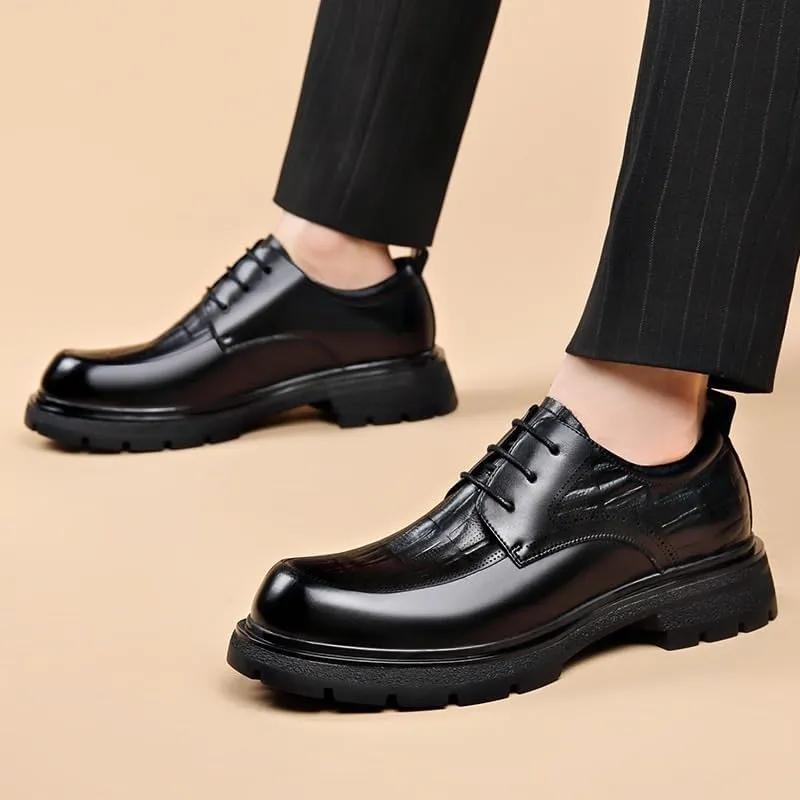 Men's Classic Lace-up Formal Oxfords Casual Business Round Toe Non-Slip Platform Comfortable Block HEE