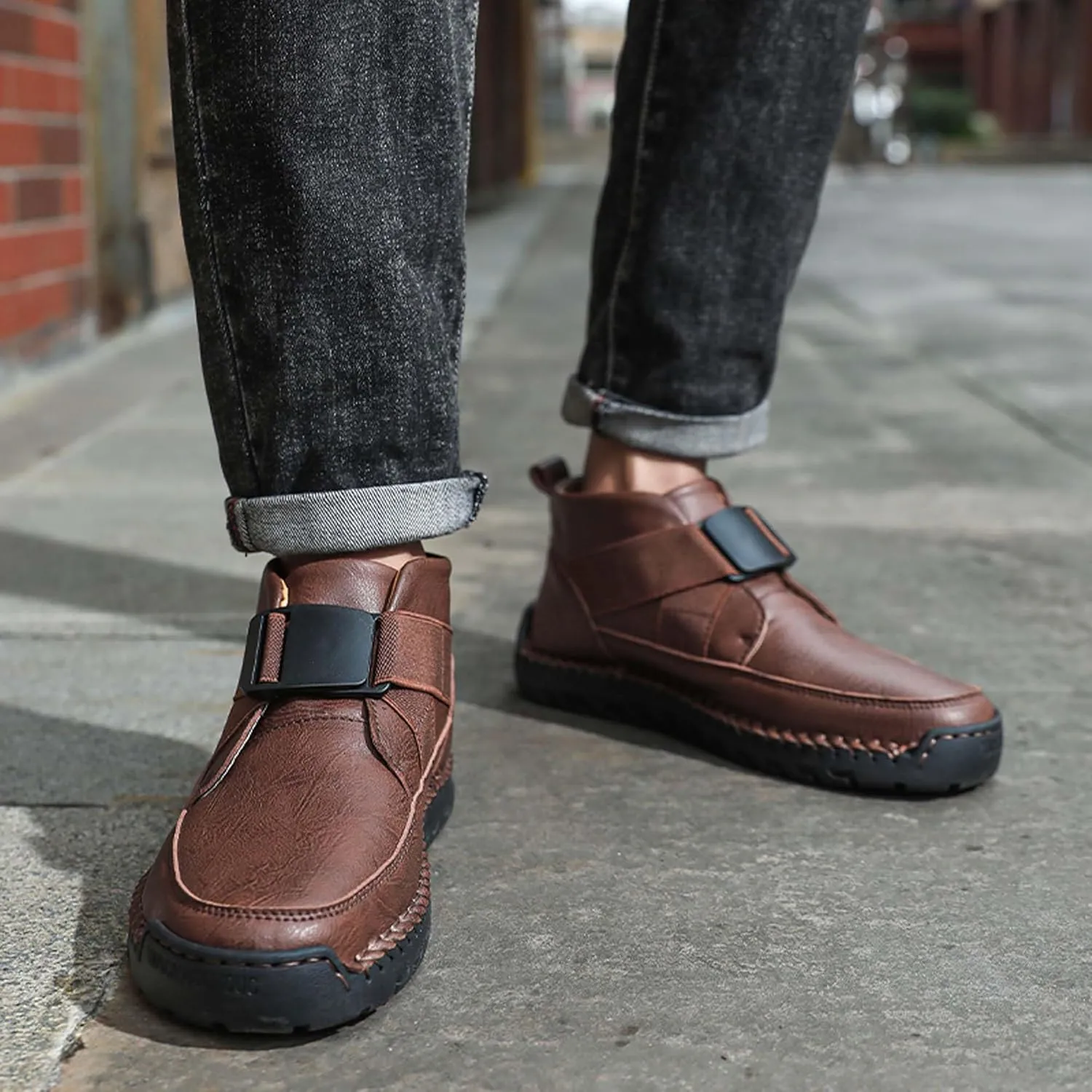 Men's Premium Leather Walking Shoes, Mid Top Fashion Casual Sneakers, Business Casual Leather Shoes, Driving Shoes, Durable, Hand Sewn, Easy to Put on