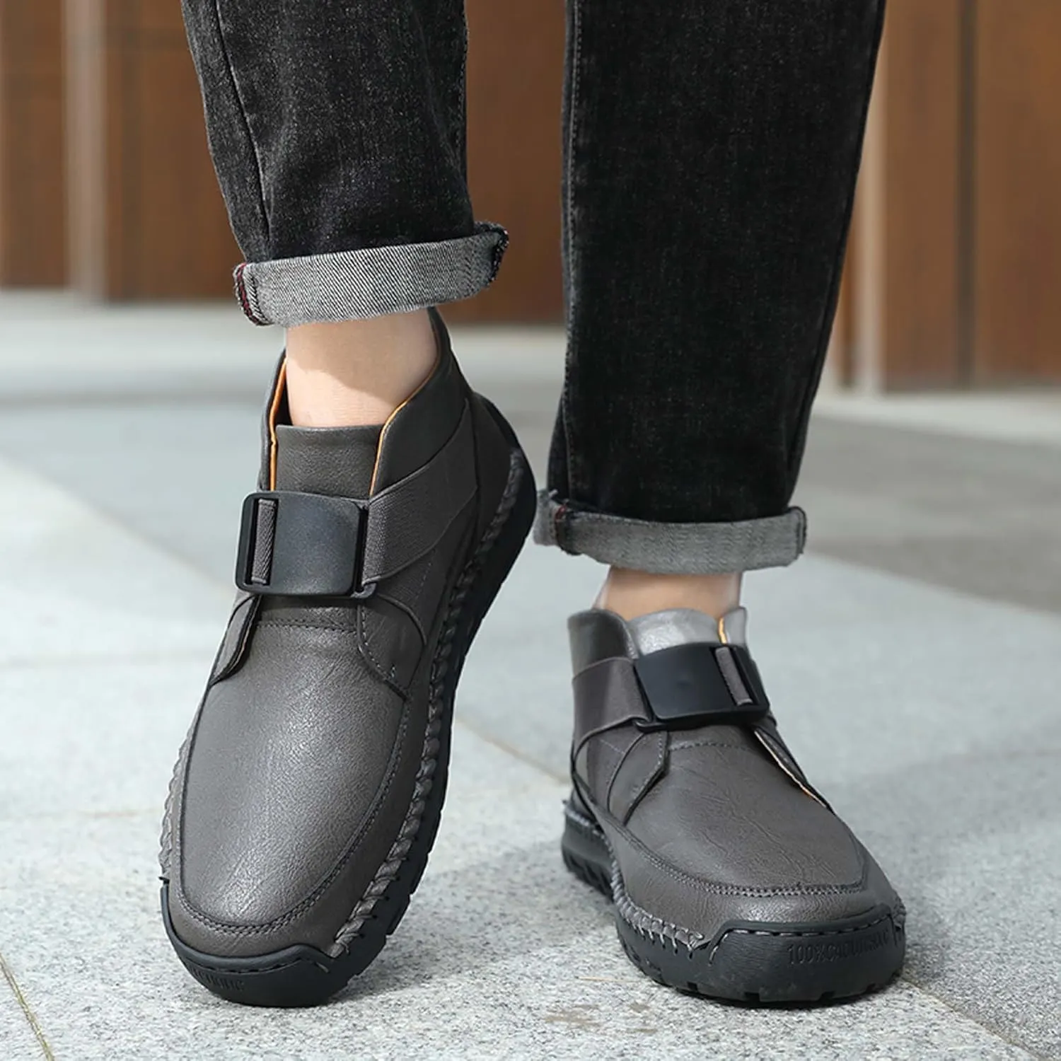 Men's Premium Leather Walking Shoes, Mid Top Fashion Casual Sneakers, Business Casual Leather Shoes, Driving Shoes, Durable, Hand Sewn, Easy to Put on