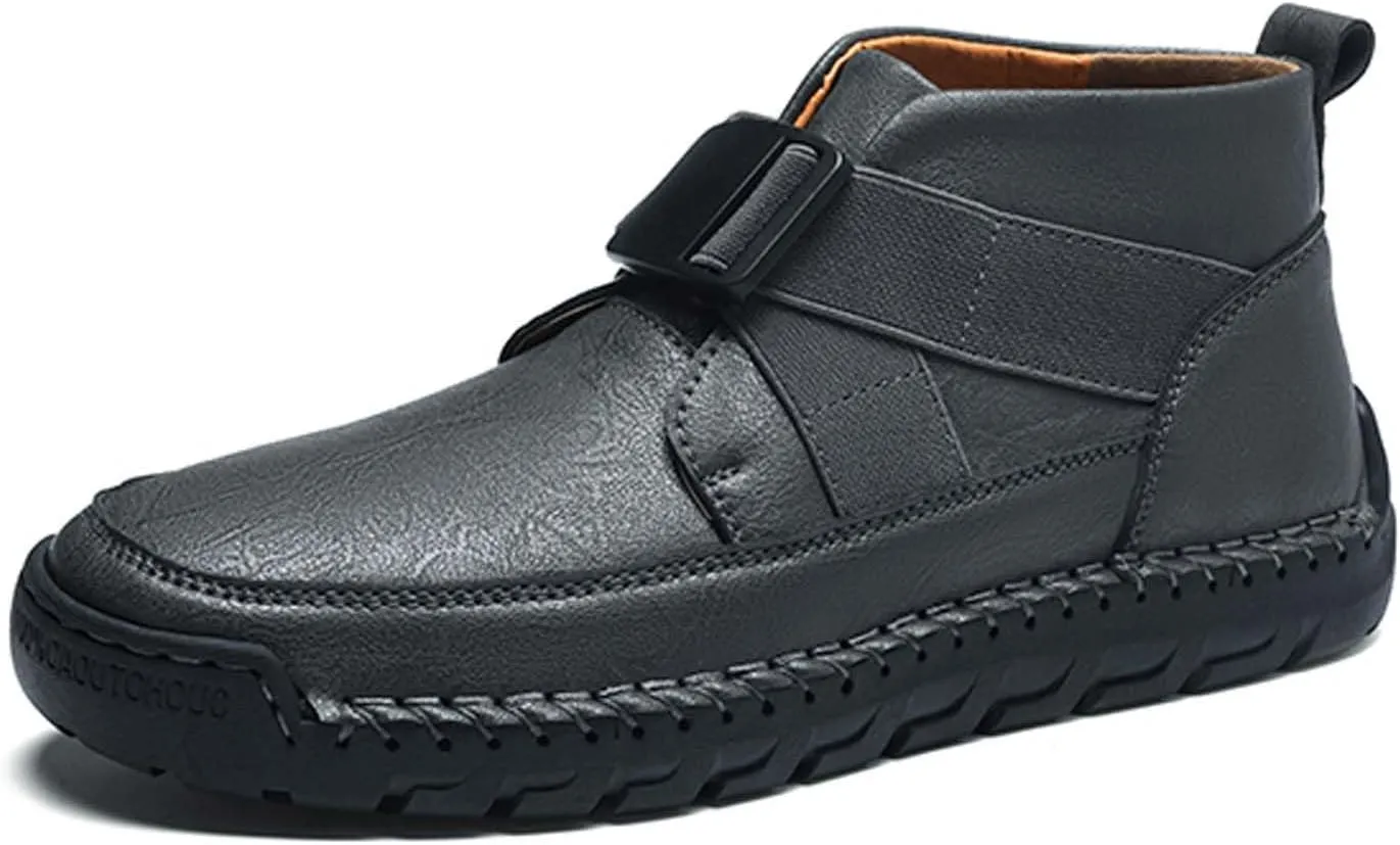 Men's Premium Leather Walking Shoes, Mid Top Fashion Casual Sneakers, Business Casual Leather Shoes, Driving Shoes, Durable, Hand Sewn, Easy to Put on