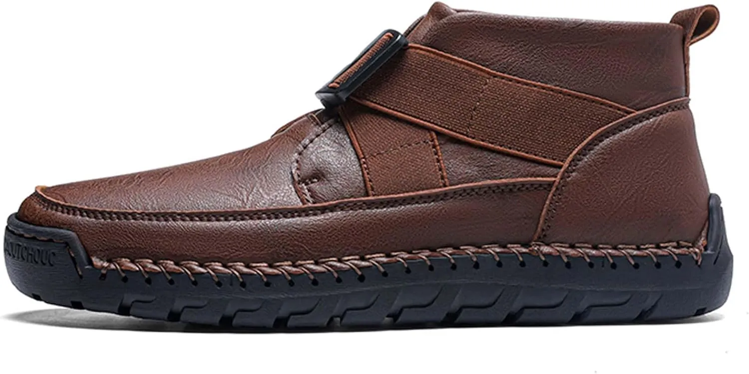 Men's Premium Leather Walking Shoes, Mid Top Fashion Casual Sneakers, Business Casual Leather Shoes, Driving Shoes, Durable, Hand Sewn, Easy to Put on