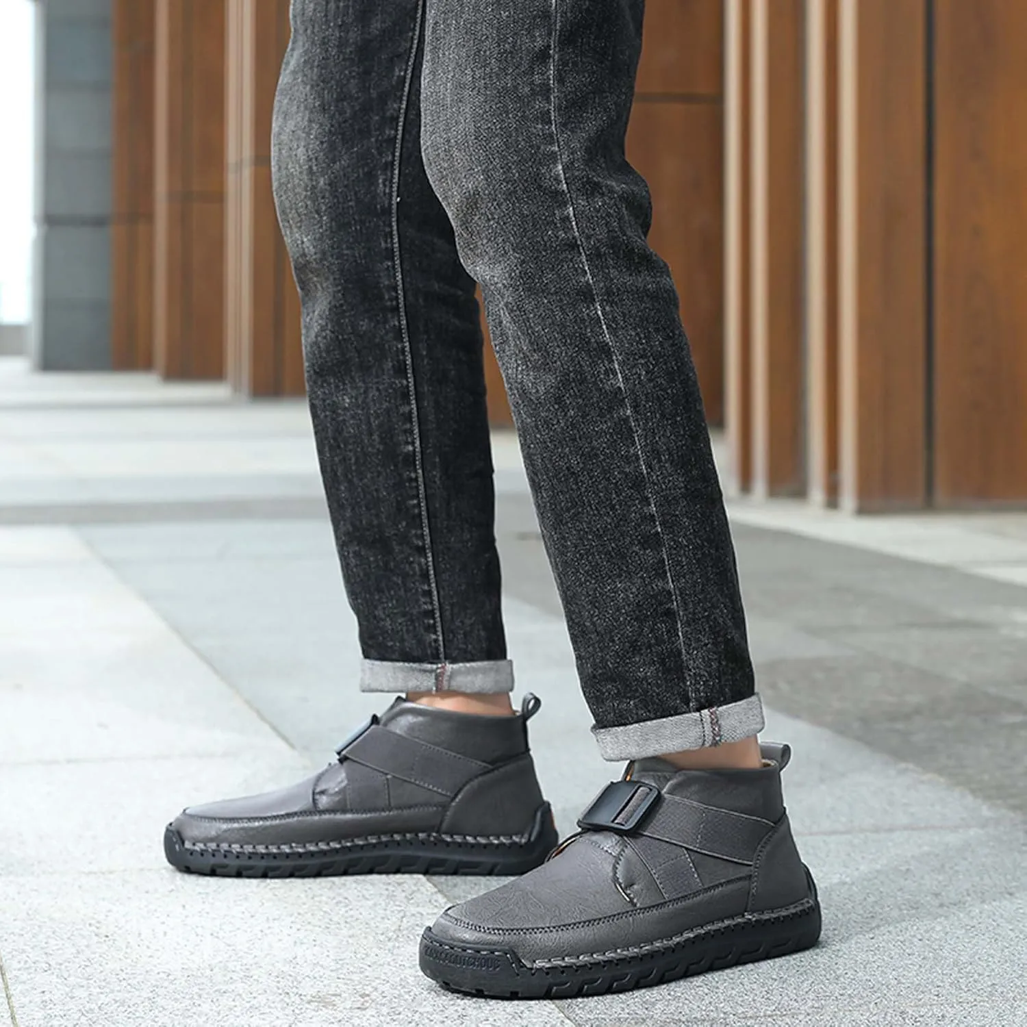 Men's Premium Leather Walking Shoes, Mid Top Fashion Casual Sneakers, Business Casual Leather Shoes, Driving Shoes, Durable, Hand Sewn, Easy to Put on