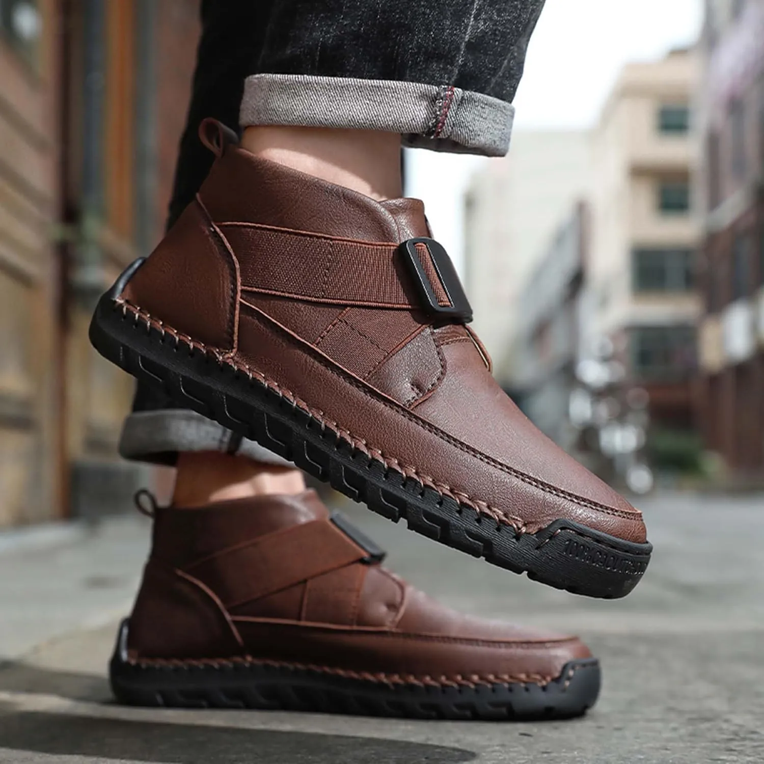 Men's Premium Leather Walking Shoes, Mid Top Fashion Casual Sneakers, Business Casual Leather Shoes, Driving Shoes, Durable, Hand Sewn, Easy to Put on
