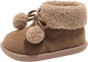 Pom-Pom alls Fleece Ankle Boots for Kids Girls Toddler Winter Thick Flat Soft Plush Comfortable Boots for Little Girls