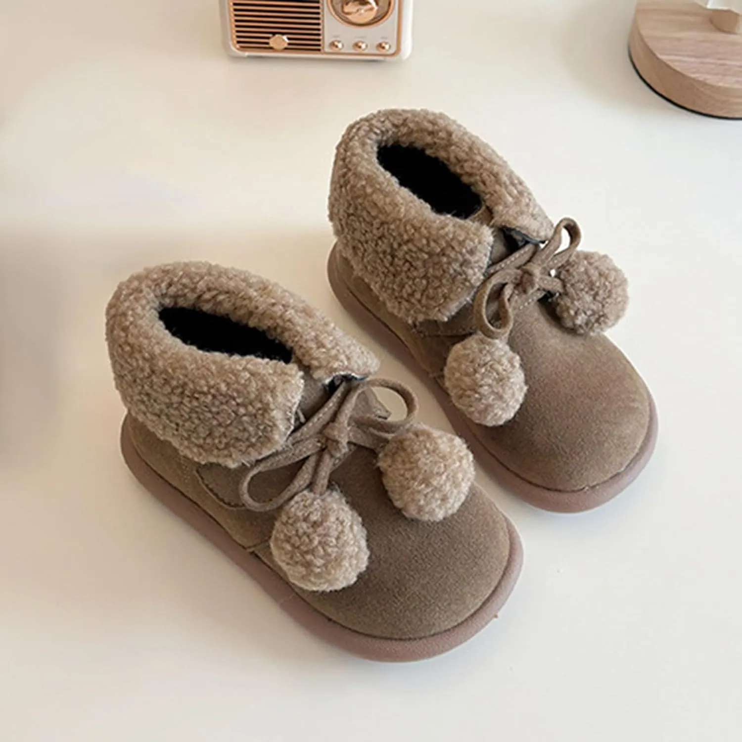 Pom-Pom alls Fleece Ankle Boots for Kids Girls Toddler Winter Thick Flat Soft Plush Comfortable Boots for Little Girls