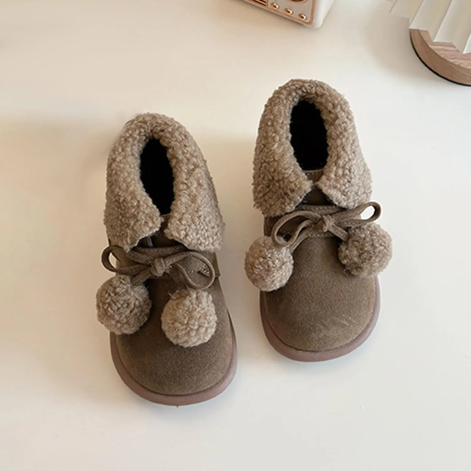 Pom-Pom alls Fleece Ankle Boots for Kids Girls Toddler Winter Thick Flat Soft Plush Comfortable Boots for Little Girls