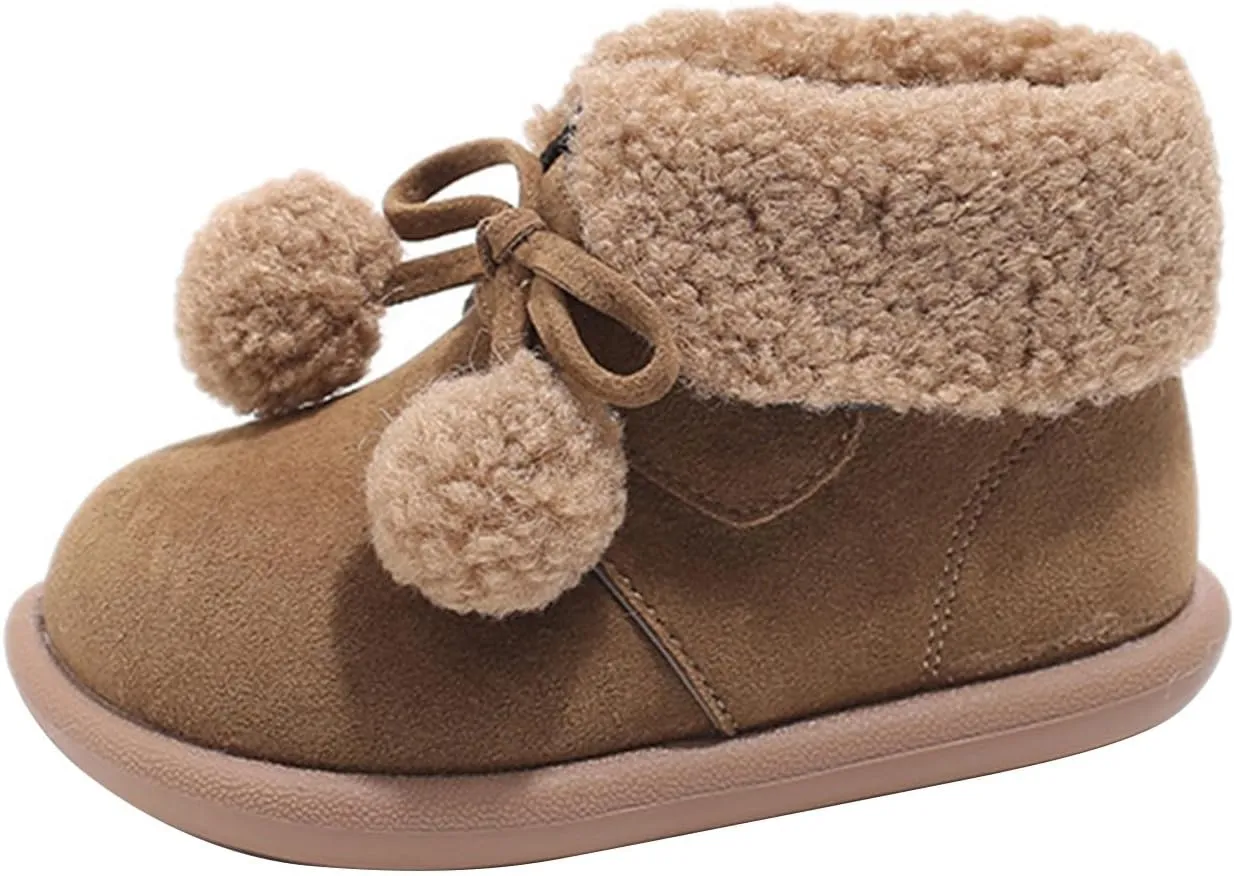 Pom-Pom alls Fleece Ankle Boots for Kids Girls Toddler Winter Thick Flat Soft Plush Comfortable Boots for Little Girls