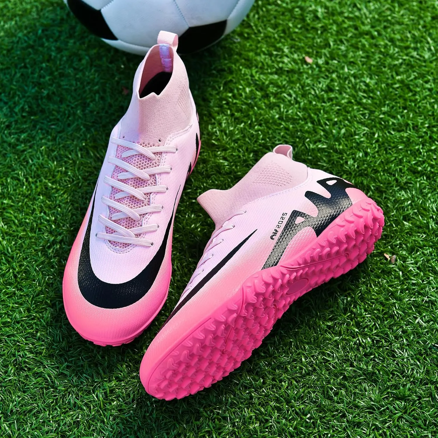 Turf Mens High-Top Soccer Cleats Womens Football Shoes for Boys Girls Beginners Lightweight Youth Professional Indoor Outdoor Black Purple Pink Beige