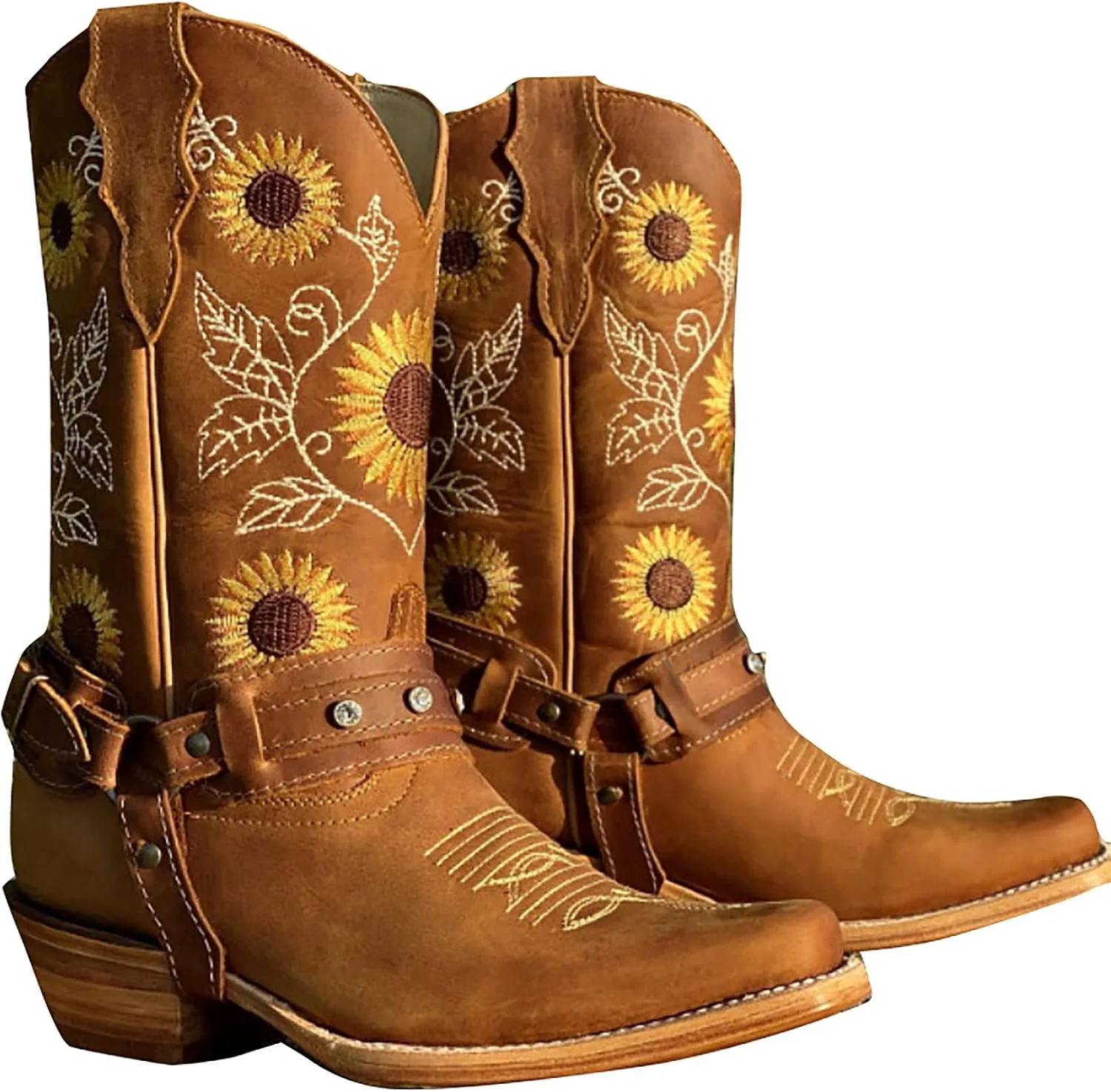 Western Boots Women Stitched Pointed Toe Vintage Chunky Low Heel Mid Calf Boots Womens Booties and Ankle Boots