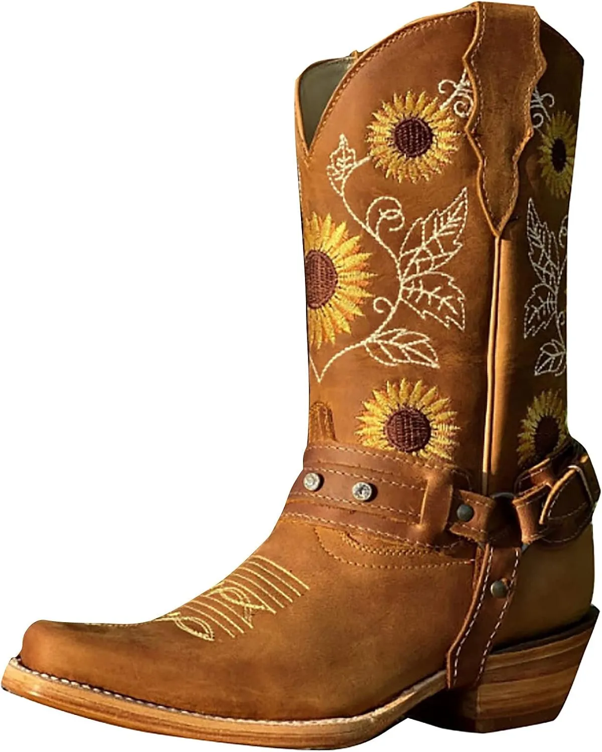 Western Boots Women Stitched Pointed Toe Vintage Chunky Low Heel Mid Calf Boots Womens Booties and Ankle Boots
