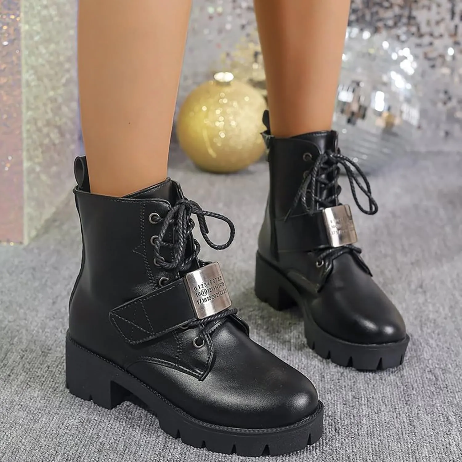 Womens Goth Chunky Ankle Boots Platform Bottom Chunky High Heel Lace Up Combat Boots Punk Short Mid Calf Booties