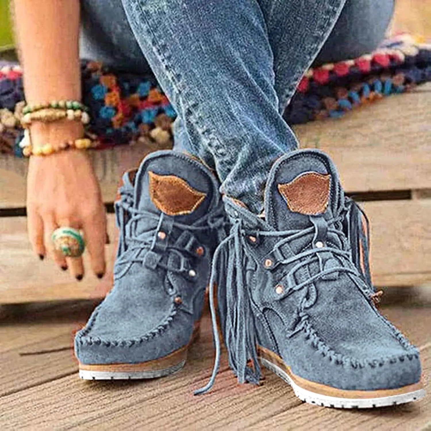 Women's Suede Cowboy Boots Flat Fringe Boots Short Western Boots Moccasin Ankle Boots Hippie Boots Tassel Boots