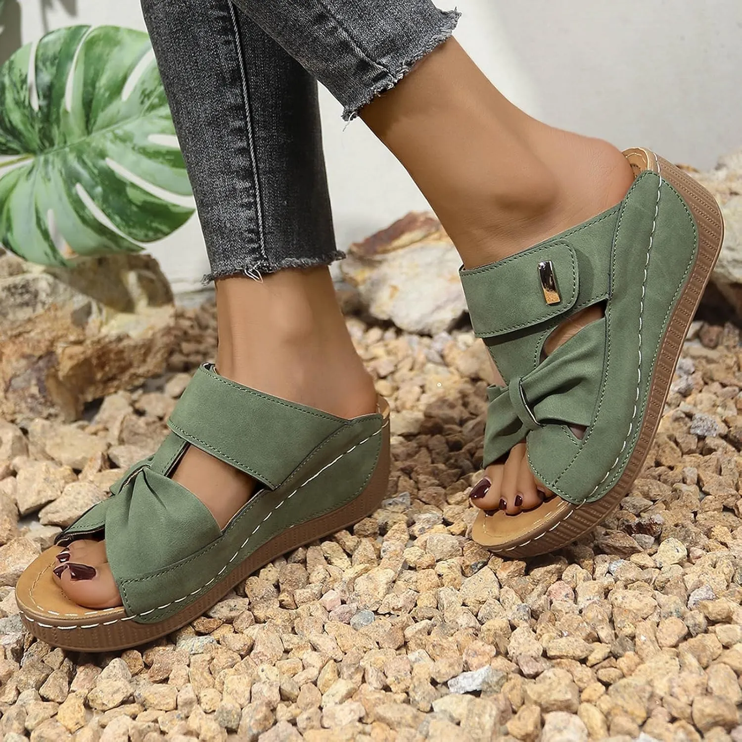 Women's Summer Slippers Open Toe Platform Sandals with Bowknot Casual Comfortable Beach Slide Sandals for Outdoor Vacation