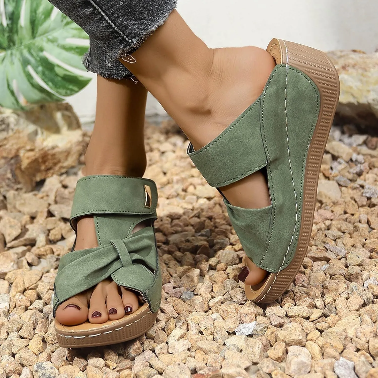 Women's Summer Slippers Open Toe Platform Sandals with Bowknot Casual Comfortable Beach Slide Sandals for Outdoor Vacation