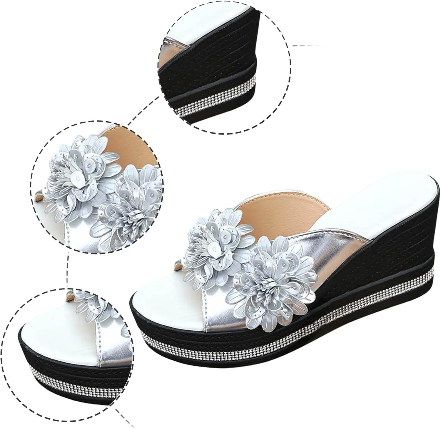 Women's Summer Wedge Sandals Open Toe Fish Mouth Platform Slip On Casual Beach Shoes with Flowers Comfortable