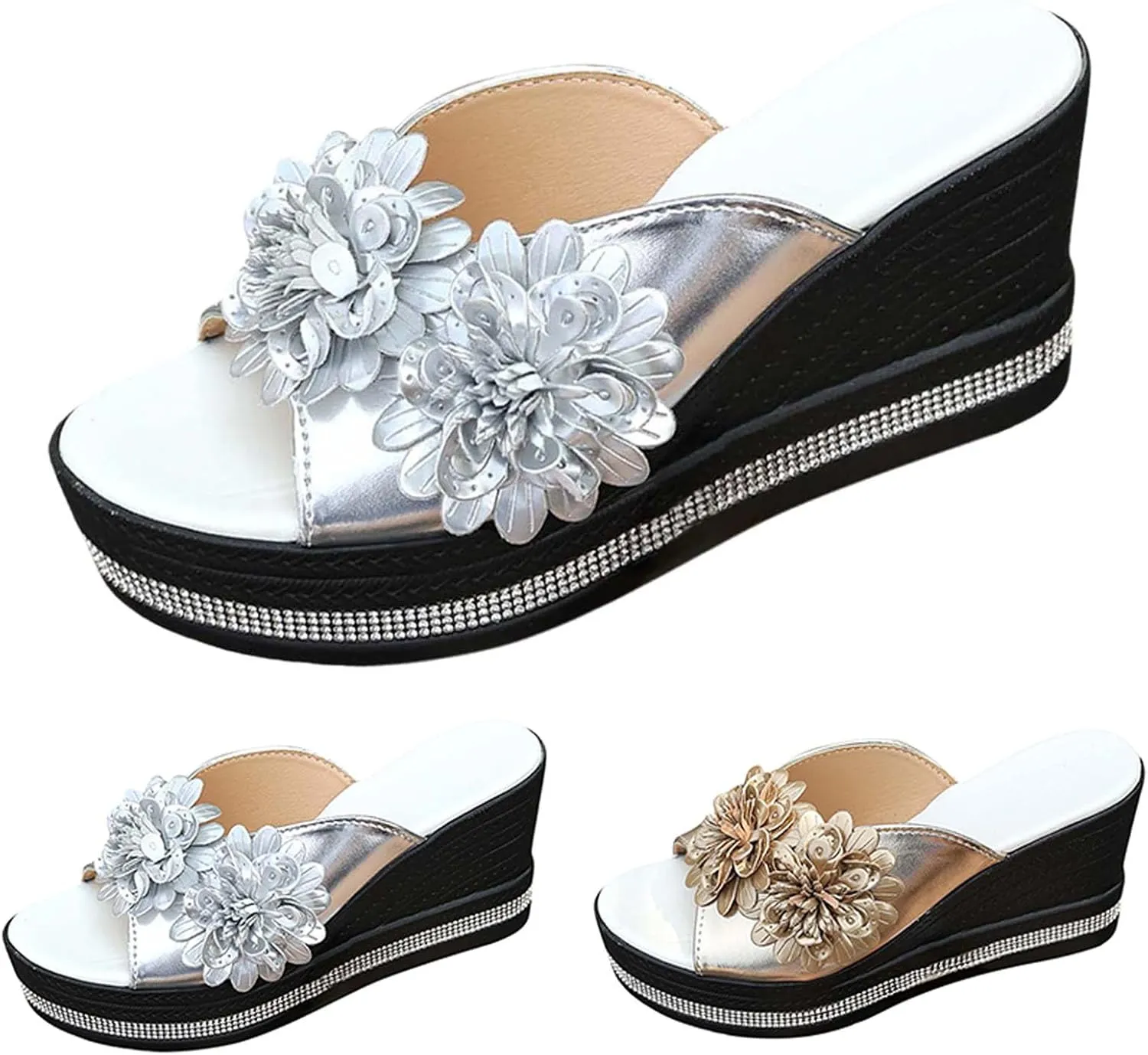 Women's Summer Wedge Sandals Open Toe Fish Mouth Platform Slip On Casual Beach Shoes with Flowers Comfortable