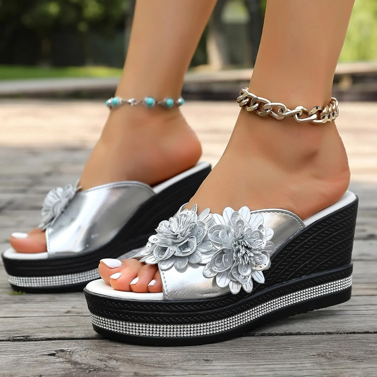 Women's Summer Wedge Sandals Open Toe Fish Mouth Platform Slip On Casual Beach Shoes with Flowers Comfortable