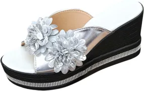 Women's Summer Wedge Sandals Open Toe Fish Mouth Platform Slip On Casual Beach Shoes with Flowers Comfortable